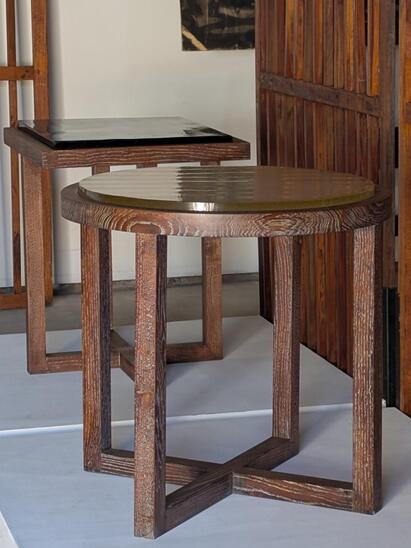 1940s style modernist side tables with Saint Gobain thick glass top